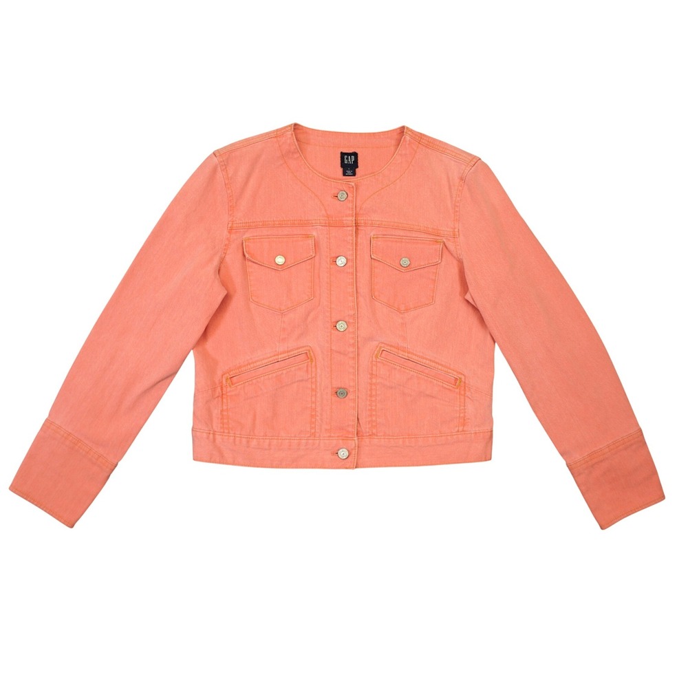 Gap Denim Jacket Womens Large L Pink Collarless Button Front Stretch Casual Y2K